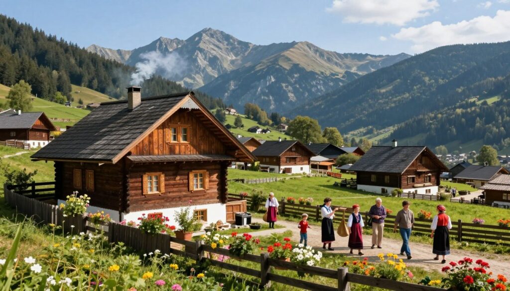 A picturesque view of a traditional mountain village in the Polish Tatra Mountains, showcasing cozy wooden houses with intricate carvings. In the foreground, a charming home with smoke gently rising from the chimney, surrounded by colorful blooming flowers and wooden fences. In the middle ground, local villagers dressed in modest, traditional attire carry out their daily tasks—children playing, artisans crafting, and residents chatting. The background features majestic mountains under a clear blue sky, with sunlight casting soft shadows. The scene radiates a warm, inviting atmosphere, capturing the essence of community life intertwined with nature, highlighting tradition and simplicity. The perspective is slightly elevated, offering a panoramic view of the village nestled among the hills.