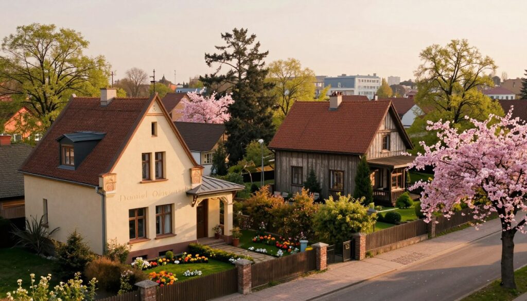 A picturesque view of two distinct homes associated with Daniel Olbrychski, set in a serene suburban landscape. In the foreground, a charming Warsaw townhouse with elegant architectural details, featuring large windows and a well-kept garden filled with vibrant flowers. Beside it, a rustic country house surrounded by lush greenery and tall trees, showcasing a cozy atmosphere. The middle ground highlights a peaceful street lined with cherry blossom trees, their petals gently falling in the spring air. The background reveals a soft, hazy skyline of Warsaw, blending traditional and modern elements. The scene is bathed in warm, golden hour lighting, casting soft shadows and creating a tranquil, nostalgic mood. Capture this image from a slightly elevated angle to encompass both homes in a harmonious composition. A picturesque view of two distinct homes associated with Daniel Olbrychski, set in a serene suburban landscape. In the foreground, a charming Warsaw townhouse with elegant architectural details, featuring large windows and a well-kept garden filled with vibrant flowers. Beside it, a rustic country house surrounded by lush greenery and tall trees, showcasing a cozy atmosphere. The middle ground highlights a peaceful street lined with cherry blossom trees, their petals gently falling in the spring air. The background reveals a soft, hazy skyline of Warsaw, blending traditional and modern elements. The scene is bathed in warm, golden hour lighting, casting soft shadows and creating a tranquil, nostalgic mood. Capture this image from a slightly elevated angle to encompass both homes in a harmonious composition.