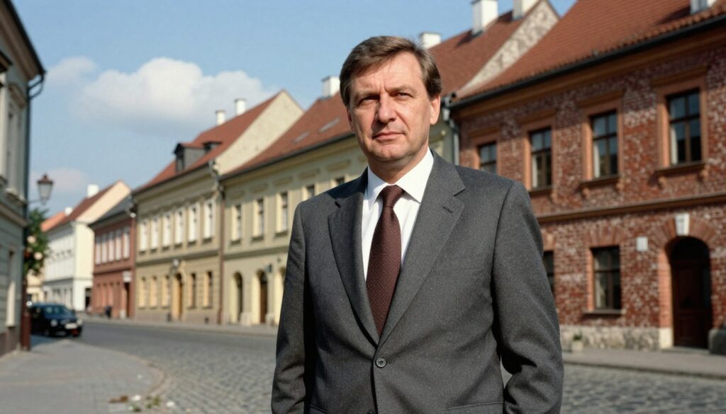 A portrait of Janusz Kołodziej, a middle-aged man in professional business attire, standing confidently in an urban setting that reflects the atmosphere of Tarnów, Poland, on May 27, 1984. In the foreground, he exudes a sense of determination and composure. The middle ground features historical architecture typical of Tarnów, showcasing its unique charm with beautifully aged brick buildings and cobblestone streets. The background captures a clear blue sky with soft clouds, suggesting a sunny day. The lighting is warm and inviting, enhancing the colors of the buildings and Janusz's attire. The overall mood should be respectful and reflective, illustrating his roots and character amidst the historical context of the time.