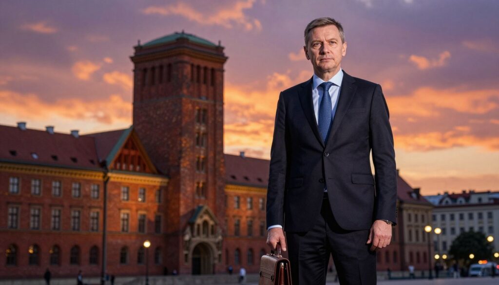 A professional Polish politician, dressed in a tailored dark suit and tie, stands confidently in the foreground, looking towards the camera with a thoughtful expression. He is holding a briefcase, symbolizing his career journey. In the middle ground, a stylized backdrop of the iconic architecture of Łódź, including the impressive Manufaktura and historical factory buildings, reflects the city's vibrant atmosphere. The background features a sunset sky, with warm hues of orange and purple casting a glow over the scene. The lighting is soft and dramatic, highlighting the subject's features and the texture of the buildings. The overall mood is one of aspiration and reflection, embodying a career path that bridges the past and future.