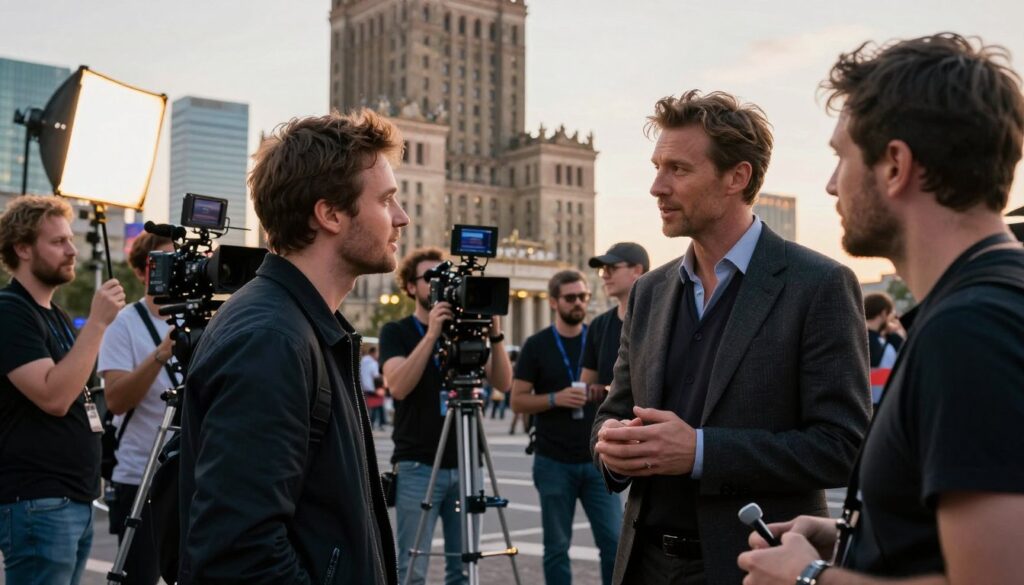 A professional actor, Filip Gurłacz, is portrayed in a bustling Warsaw film set, surrounded by a vibrant crew and modern filming equipment. In the foreground, he is engaging in conversation with a director, dressed in stylish, professional attire that reflects his status in the film industry. The middle ground features crew members adjusting lights and cameras, capturing the lively atmosphere of a film shoot. In the background, iconic Warsaw architecture peeks through, with a hint of the city's skyline illuminated by warm, golden sunset light, creating a dynamic and inspiring mood. The scene is framed from a slight low angle, emphasizing the energy and dedication of the filmmaking process in the capital city, while ensuring a clear focus on Filip's professional presence in Warsaw. A professional actor, Filip Gurłacz, is portrayed in a bustling Warsaw film set, surrounded by a vibrant crew and modern filming equipment. In the foreground, he is engaging in conversation with a director, dressed in stylish, professional attire that reflects his status in the film industry. The middle ground features crew members adjusting lights and cameras, capturing the lively atmosphere of a film shoot. In the background, iconic Warsaw architecture peeks through, with a hint of the city's skyline illuminated by warm, golden sunset light, creating a dynamic and inspiring mood. The scene is framed from a slight low angle, emphasizing the energy and dedication of the filmmaking process in the capital city, while ensuring a clear focus on Filip's professional presence in Warsaw.