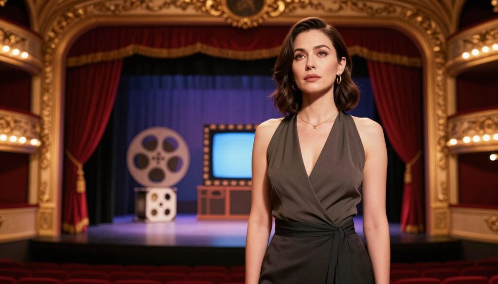 A professional actress in a stylish theater setting, embodying the essence of her diverse career in film, television, and stage. In the foreground, a woman in elegant, modest evening wear stands confidently, showcasing her charisma and determination. Her expression conveys a blend of passion and contemplation, symbolizing her journey through the performing arts. In the middle ground, the richness of an ornate theater stage with vivid lighting, curtains drawn back to reveal a set, representing her theatrical roots. The background features blurred silhouettes of iconic film reels and television screens, subtly merging the worlds of cinema and television. The overall atmosphere is dramatic yet inspiring, with warm, ambient lighting enhancing the sense of artistic ambition.