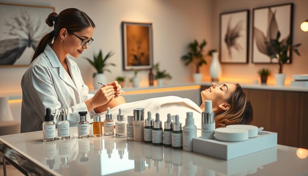 A professional aesthetic treatment room focused on eye care. In the foreground, a well-groomed skincare specialist in a white lab coat gently performs an eye treatment on a patient reclining on a sleek treatment bed, their expression calm and relaxed. In the middle ground, an array of high-quality skincare products, serums, and tools are neatly organized on a polished countertop, illuminated by soft, warm lighting reflecting off the surfaces. The background features calming artwork and plants, creating a serene atmosphere. The room is designed with modern, minimalist decor, emphasizing cleanliness and professionalism. Natural light filters in through a large window, enhancing the peaceful mood of the space, capturing the essence of safe and effective eye care treatments.