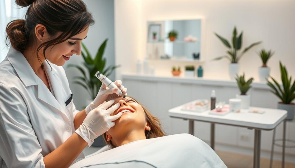 A professional aesthetician performing microneedling facial mesotherapy in a modern, well-lit clinic. In the foreground, the aesthetician, dressed in a clean white lab coat and gloves, gently administers treatments with a specialized microneedling device on a smiling client’s face, who looks relaxed and comfortable. The middle ground features a sleek, minimalist treatment table and various skincare products neatly arranged. In the background, the clinic is adorned with soothing colors, plants, and soft lighting, creating a calming atmosphere. The scene captures the intricate details of the procedure, highlighting the precision and care involved in facial mesotherapy, reflecting a safe and professional environment. The overall mood is serene and inviting, emphasizing the transformative nature of the treatment.