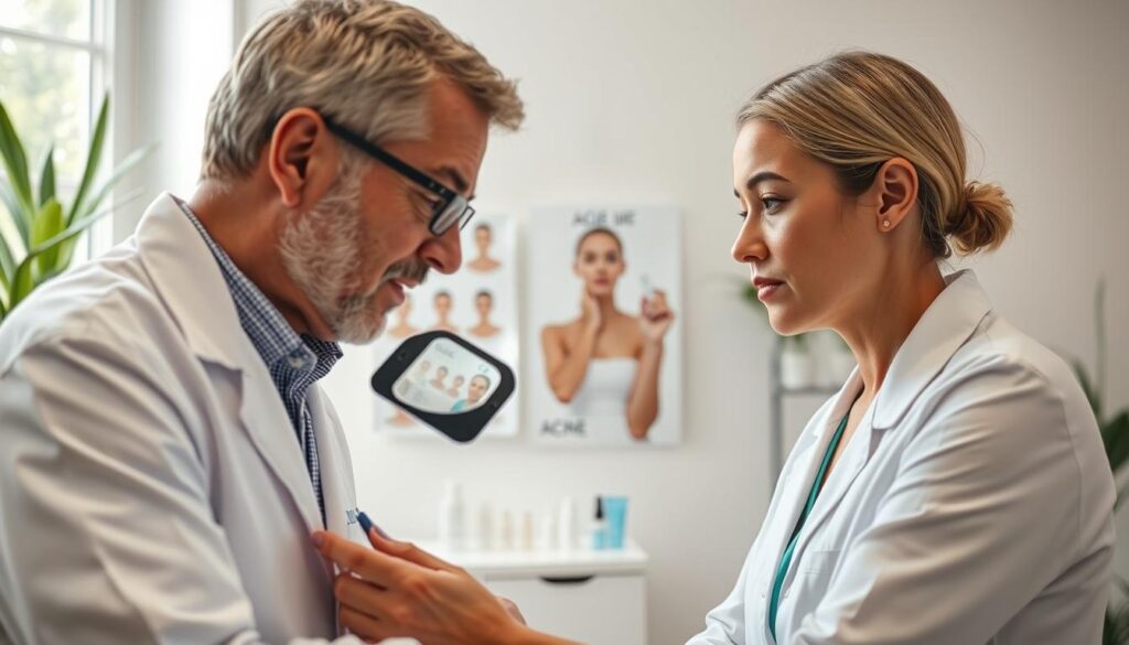 A professional dermatologist consulting with a patient about acne treatment. In the foreground, capture the dermatologist, a middle-aged individual in a white lab coat, viewing the patient's skin with a magnifying glass. The patient, a young adult of diverse ethnicity, looks attentive and concerned. In the middle, include a consultation room with skincare products neatly arranged on a clean counter and a poster on the wall detailing acne treatments. The background should feature soft, natural light coming through a window with plants, creating a calm and welcoming atmosphere. Use a shallow depth of field to focus on the interaction, highlighting the professionalism and empathy of the dermatologist. Aim for a bright, informative vibe that promotes healing and support.