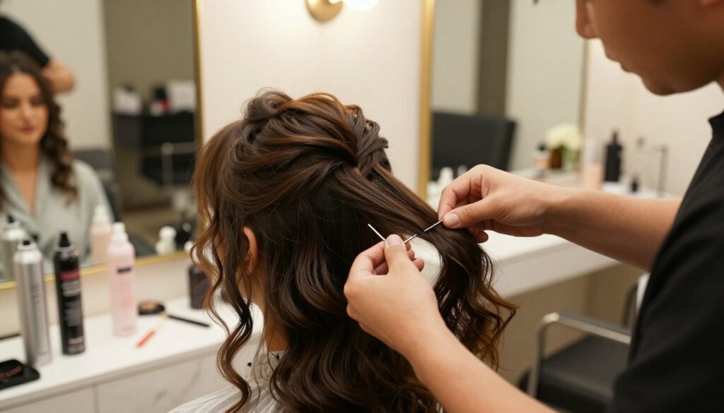 A professional hair stylist preparing a client's hair for a high, elegant wedding updo. The foreground features the stylist gently sectioning thick, wavy hair, showcasing various hair products like sprays and gels laid out neatly. In the middle, the client, dressed in casual, modest clothing, looks relaxed as the stylist demonstrates techniques to create volume and hold, such as teasing and the use of bobby pins. The background suggests a chic, well-lit salon environment with mirrors reflecting warm, soft lighting that enhances the intimate atmosphere. The scene captures a sense of meticulous artistry, focusing on the textures and movement of hair, conveying preparation and anticipation for a beautiful, long-lasting hairstyle.