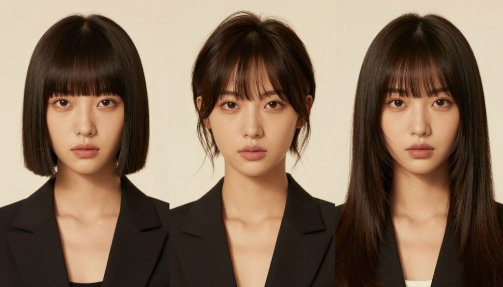 A professional model stands against a softly lit backdrop, showcasing three distinct hairstyles that emphasize their face shape. On the left, a model with a square face displays a sleek, blunt fringe that frames their jawline, while on the right, a model with a long face features soft, wispy bangs that create the illusion of width. In the center, a model with a triangular face showcases side-swept bangs that soften the forehead and highlight their cheekbones. Each model is dressed in smart casual attire, ensuring a polished appearance. The lighting is warm and flattering, casting gentle shadows that enhance facial features. The composition captures the essence of different bangs styles harmonizing with various face shapes, illustrating the article's focus on hairstyle selection.