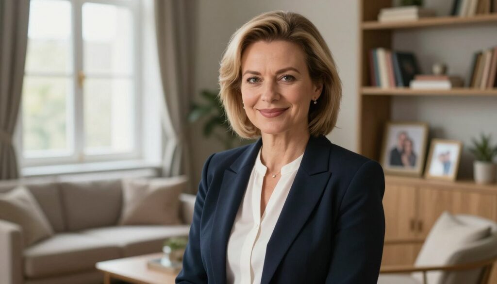 A professional portrait of Małgorzata Kidawa-Błońska in her elegant home environment, reflecting her personality and lifestyle. In the foreground, she is dressed in smart business attire, exuding confidence and approachability, with a warm smile. The middle ground features tasteful furnishings and decorations that hint at her personal tastes, including bookshelves and family photos. In the background, a window lets in soft, natural light, illuminating the room and creating a serene atmosphere. The overall mood is inviting and professional, captured in a soft focus that highlights her presence. The image should convey a sense of authenticity and insight into her private life, while maintaining a respectful and dignified approach. Use a slightly elevated camera angle for a flattering perspective.