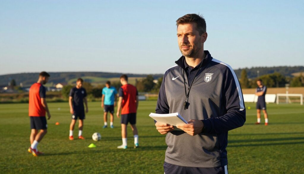 A professional soccer coach, Nikola Grbić, is shown in a warm, inviting training environment. In the foreground, he stands confidently, wearing a stylish sports jacket and polo shirt, holding a notebook and a whistle around his neck. His expression is focused yet approachable, reflecting his dedication to coaching. In the middle ground, a training field is visible, with players engaging in drills, showcasing teamwork and collaboration. In the background, a picturesque Polish landscape features greenery and a clear blue sky, hinting at the season's outdoor training camps. The lighting is soft and natural, capturing the early morning sun, enhancing the professional yet relaxed atmosphere of preparation. The composition conveys a sense of dynamic motion and teamwork, highlighting his role in guiding his team.