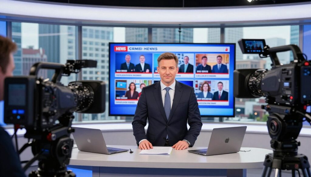 A professional television presenter, Tomasz Wolny, in a modern, bright studio setting, featuring cameras and broadcasting equipment in the foreground. Wolny, dressed in smart business attire, is preparing for a live news segment, surrounded by notes and a laptop. The middle ground includes a large, glowing screen displaying upcoming news segments, while the background shows a large window with a view of a bustling cityscape, hinting at the dynamic nature of his career. The lighting is soft yet focused, creating a professional atmosphere. The mood conveys a sense of urgency and focus, reflecting the logistical challenges of a television career that necessitates frequent relocations and adaptability. A professional television presenter, Tomasz Wolny, in a modern, bright studio setting, featuring cameras and broadcasting equipment in the foreground. Wolny, dressed in smart business attire, is preparing for a live news segment, surrounded by notes and a laptop. The middle ground includes a large, glowing screen displaying upcoming news segments, while the background shows a large window with a view of a bustling cityscape, hinting at the dynamic nature of his career. The lighting is soft yet focused, creating a professional atmosphere. The mood conveys a sense of urgency and focus, reflecting the logistical challenges of a television career that necessitates frequent relocations and adaptability.
