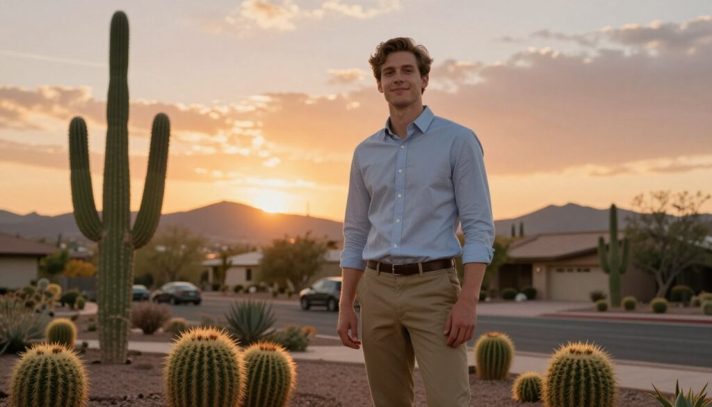 A professional young man, Dawid Andres, standing in an inviting Arizona landscape, framed by the warm hues of a sunset. He is dressed in smart casual attire, with a button-up shirt and chinos, exuding a confident and approachable demeanor. In the foreground, a desert cactus garden adds a touch of local flora, while in the background, rolling hills blend into the colorful sky. The image captures a serene suburban neighborhood, hinting at his current residence. Soft, golden hour lighting creates a warm glow, giving the scene a welcoming atmosphere. The angle is slightly from below, empowering the subject while emphasizing the beauty of the Arizona environment. A professional young man, Dawid Andres, standing in an inviting Arizona landscape, framed by the warm hues of a sunset. He is dressed in smart casual attire, with a button-up shirt and chinos, exuding a confident and approachable demeanor. In the foreground, a desert cactus garden adds a touch of local flora, while in the background, rolling hills blend into the colorful sky. The image captures a serene suburban neighborhood, hinting at his current residence. Soft, golden hour lighting creates a warm glow, giving the scene a welcoming atmosphere. The angle is slightly from below, empowering the subject while emphasizing the beauty of the Arizona environment.