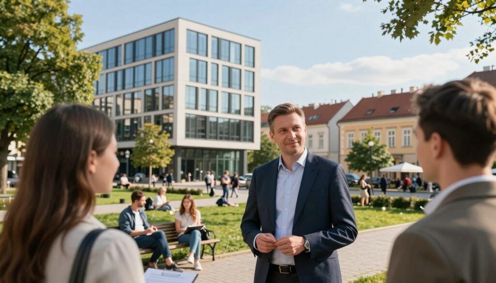 A scenic view of Częstochowa, Poland, focusing on a modern office building that symbolizes innovation and entrepreneurship, representing Michał Świerczewski, the founder of x-kom. In the foreground, a well-dressed professional man in business attire is standing confidently, discussing ideas with colleagues. The middle ground features a green park area with trees and people enjoying their day, symbolizing the vibrant community. The background showcases traditional Polish architecture mixed with modern structures under a clear blue sky. The image is illuminated by soft, warm sunlight, creating a welcoming and inspiring atmosphere. Use a shallow depth of field to emphasize the professional figure while softly blurring the surroundings, adding a dynamic and focused composition.