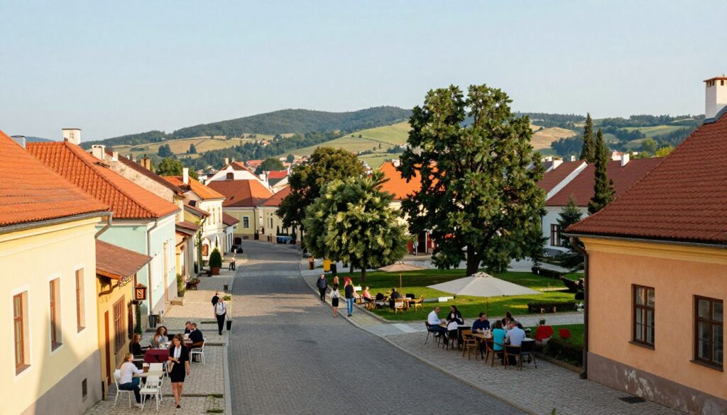 A scenic view of Janusz Kołodziej's hometown, incorporating both Tarnów and Leszno. In the foreground, an inviting and charming street lined with colorful houses, portraying a lively community atmosphere. The middle ground features local parks and cafes, highlighting daily life with people casually dressed, enjoying their surroundings in a professional business attire or modest casual clothing. In the background, rolling hills and clear skies, suggesting a peaceful environment. The scene is illuminated by soft, warm sunlight, creating a welcoming and harmonious vibe. The composition is framed with a slight tilt-down angle to capture the essence of the places where Janusz Kołodziej lives and works, emphasizing the safety and charm of the neighborhoods.