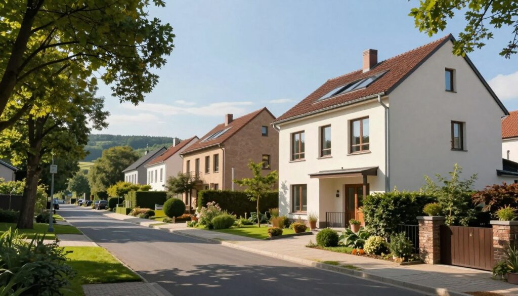 A scenic view of a modern residential street in Otwock, Poland, featuring elegant houses surrounded by lush greenery. In the foreground, a charming two-story home with large windows and a welcoming entryway is visible. The middle ground includes manicured gardens and pathways leading to the house, with mature trees providing shade. The background showcases a distant glimpse of tranquil hills under a clear blue sky. The scene is bathed in warm, natural sunlight, creating a peaceful atmosphere. The image should reflect a sense of privacy and tranquility, hinting at the idea of a comfortable family residence. Capture the essence of a suburban lifestyle, focusing on the architectural details and harmonious environment. No people are present in the image.