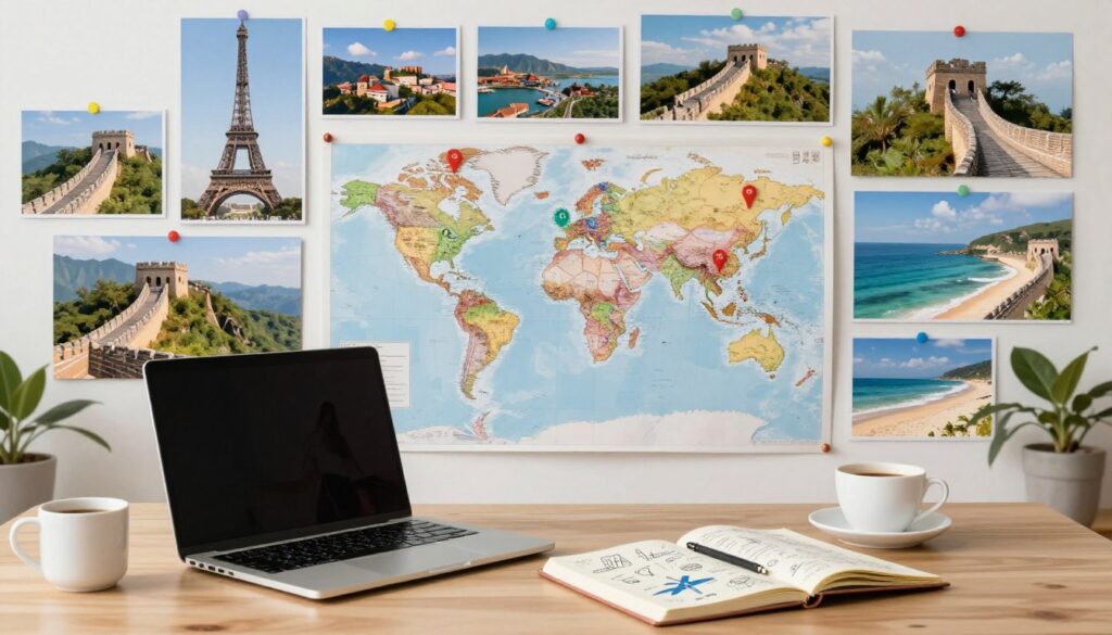 A serene and contemporary workspace set against a backdrop of diverse travel destinations. In the foreground, a desk with a laptop, a coffee cup, and an open notebook filled with travel sketches and notes. In the middle ground, a world map pinned with colorful travel photos and markers. The background features panoramic views of iconic landmarks from around the world, like the Eiffel Tower, the Great Wall, and Bali beaches, blending together to create an inspiring collage of global exploration. The image is bathed in soft, natural daylight, with warm tones to evoke a sense of adventure and freedom. The atmosphere is calm yet invigorating, inviting viewers to imagine a life filled with travel and remote work.