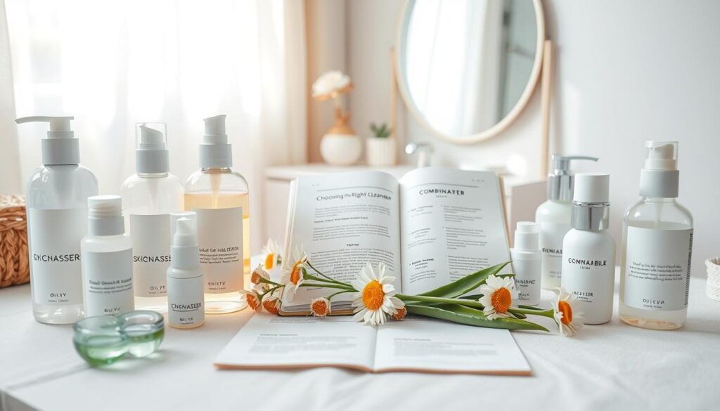 A serene and informative flat lay image showcasing a variety of skincare products suitable for different skin types. In the foreground, display an assortment of cleansers, toners, and moisturizers with labels indicating their specific skin type focus: oily, dry, combination, and sensitive. The middle ground features a beauty, skincare journal open to a page titled “Choosing the Right Cleanser,” surrounded by fresh botanicals like aloe vera and chamomile blooms, signifying natural ingredients. In the background, a softly focused vanity mirror reflects soft, natural light streaming in from a nearby window, creating a warm, inviting atmosphere. The color palette should be soothing pastels to evoke a sense of calm and clarity, complementing the theme of effective skincare routines.