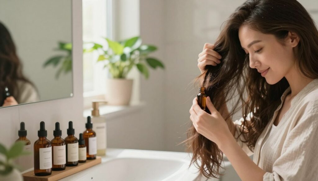 A serene and inspiring scene of a woman in a cozy bathroom, carefully following a 30-day hair growth routine. In the foreground, she is applying natural hair oils to her long, shiny hair, looking content and focused. The middle layer features a neatly organized set of bottles labeled with various oils and vitamins, radiating wellness. The background is softly lit with warm, natural light streaming through a window adorned with green plants, creating a refreshing and inviting atmosphere. The color palette consists of soft browns, greens, and whites, enhancing the calming vibe. The woman is dressed in modest, casual clothing, embodying a sense of tranquility and self-care. The overall mood is peaceful and motivational, representing a proactive approach to healthy hair growth.