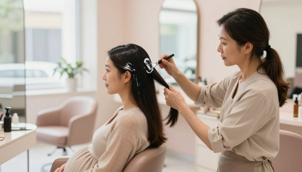 A serene and inviting salon environment focusing on a professional hairstylist performing a hair coloring treatment on a pregnant woman in a modest, stylish outfit. The stylist, a middle-aged woman with a calming demeanor, is carefully applying hair dye, emphasizing the importance of safety and gentleness. In the background, soft pastel colors create a soothing atmosphere, with natural light pouring through large windows, highlighting the cozy details of the salon. The pregnant woman looks relaxed and engaged in conversation, showcasing the reassuring nature of the setting. The depth of field focuses on the hairstylist and the client, creating an intimate and warm mood, reflecting themes of care and caution during pregnancy.