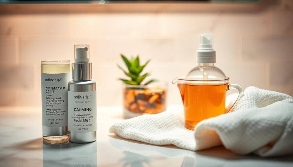A serene and inviting skincare scene focusing on post-cleanse care. In the foreground, a gently lit bathroom counter showcases elegantly arranged skincare products: a calming serum, a soothing moisturizer, and refreshing facial mist. A soft, plush towel with delicate textures rests nearby. In the middle, a clear bowl with soothing herbal tea and a small potted plant add warmth and natural elements, emphasizing tranquility. The background features softly blurred tiles and warm ambient lighting that creates a cozy atmosphere. The overall mood is peaceful and nurturing, suggesting self-care and relaxation, perfect for a refresh after cleansing the skin. The image captures the essence of skincare routines that promote healing and hydration, avoiding irritation and breakouts.