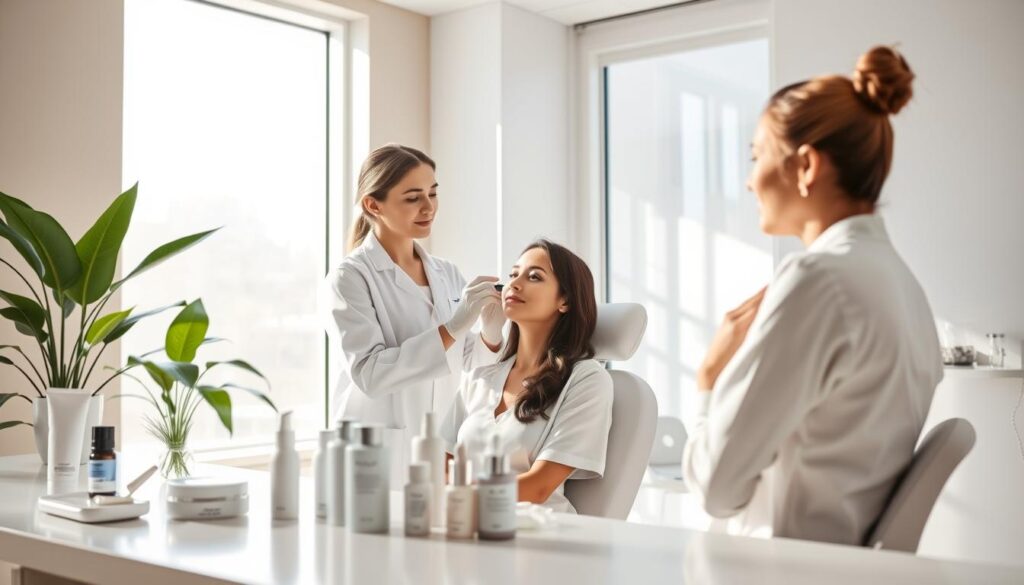 A serene and modern skincare clinic interior, featuring a bright, well-lit treatment room with a professional aesthetic. In the foreground, a focused female dermatologist in a white lab coat examines a patient's skin under soft, diffused lighting. The patient, seated comfortably in a treatment chair, appears relaxed and hopeful. The middle ground showcases various skincare products and devices on a sleek countertop, symbolizing advanced treatment options for post-acne pigmentation. In the background, large windows let in gentle natural light, creating an inviting atmosphere enhanced by soft green plants. The overall mood is calm and reassuring, reflecting a professional, caring environment dedicated to skin health and rejuvenation.
