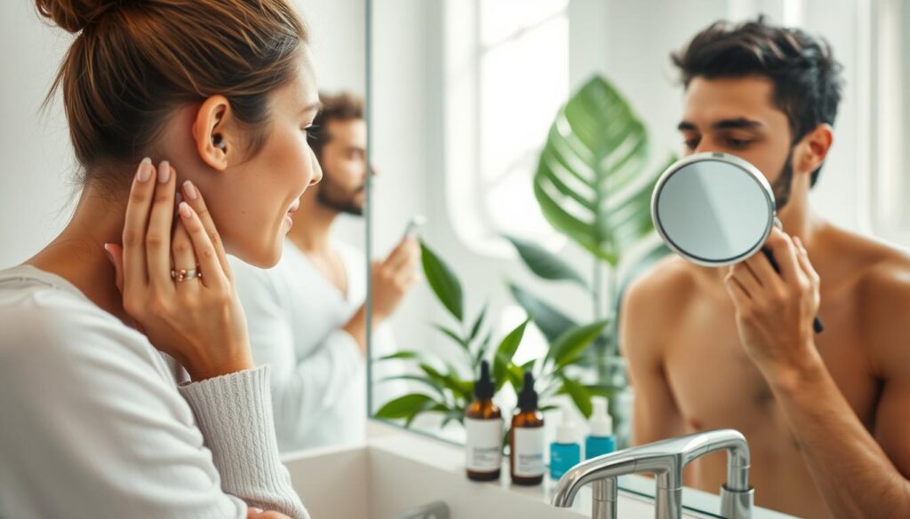 A serene bathroom scene featuring a diverse group of individuals engaged in facial care routines. In the foreground, a woman gently applies a moisturizing cream to her cheeks, showcasing glowing, healthy skin. Beside her, a man checks his T-zone with a magnifying mirror, displaying a focused expression. On the bathroom counter, neatly arranged skincare products, such as serums and lotions, are well-lit with soft, natural light streaming in from a nearby window. The midground features a lush green plant, adding a touch of nature, while the background reveals a calming pastel color palette that enhances the tranquil atmosphere. The overall mood is relaxing and inviting, promoting self-care and attentive skincare practices. The image uses a warm, inviting lighting setup to create a peaceful ambiance. A serene bathroom scene featuring a diverse group of individuals engaged in facial care routines. In the foreground, a woman gently applies a moisturizing cream to her cheeks, showcasing glowing, healthy skin. Beside her, a man checks his T-zone with a magnifying mirror, displaying a focused expression. On the bathroom counter, neatly arranged skincare products, such as serums and lotions, are well-lit with soft, natural light streaming in from a nearby window. The midground features a lush green plant, adding a touch of nature, while the background reveals a calming pastel color palette that enhances the tranquil atmosphere. The overall mood is relaxing and inviting, promoting self-care and attentive skincare practices. The image uses a warm, inviting lighting setup to create a peaceful ambiance.