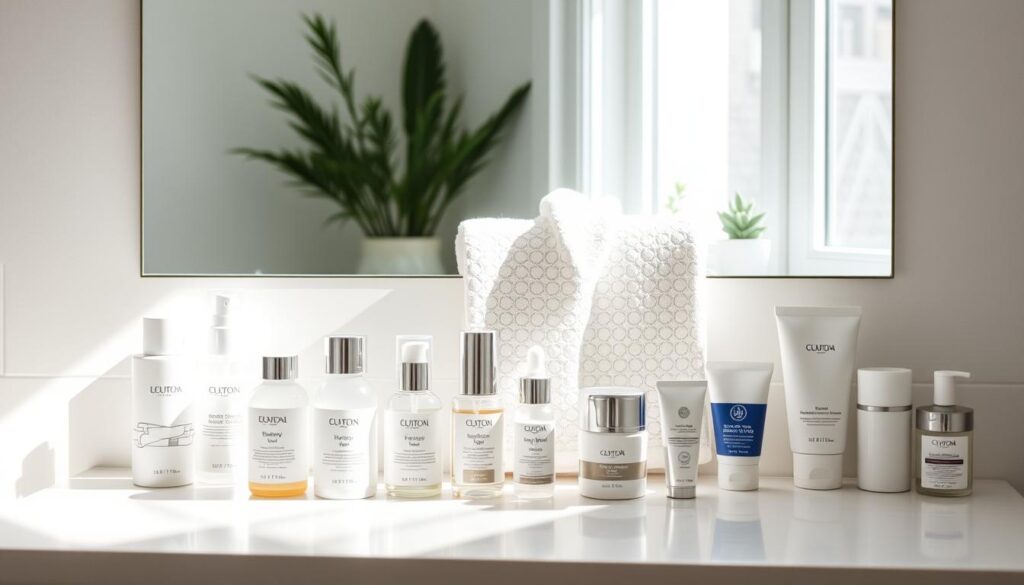 A serene bathroom scene showcasing a morning and evening skincare routine tailored for acne-prone skin. In the foreground, a neatly arranged vanity displays a variety of skincare products: cleansers, serums, moisturizers, and sunscreen, all in stylish, minimalist packaging. The middle layer features a soft, chic skincare towel draped decoratively, reflecting a commitment to self-care. Natural light pours in through a window, creating a warm, inviting atmosphere with gentle shadows. The background hints at soft plant decorations, contributing to a calming vibe. The overall mood is fresh and rejuvenating, emphasizing a commitment to healthy skin care. No human figures are included, ensuring the focus remains on the skincare products and setting.
