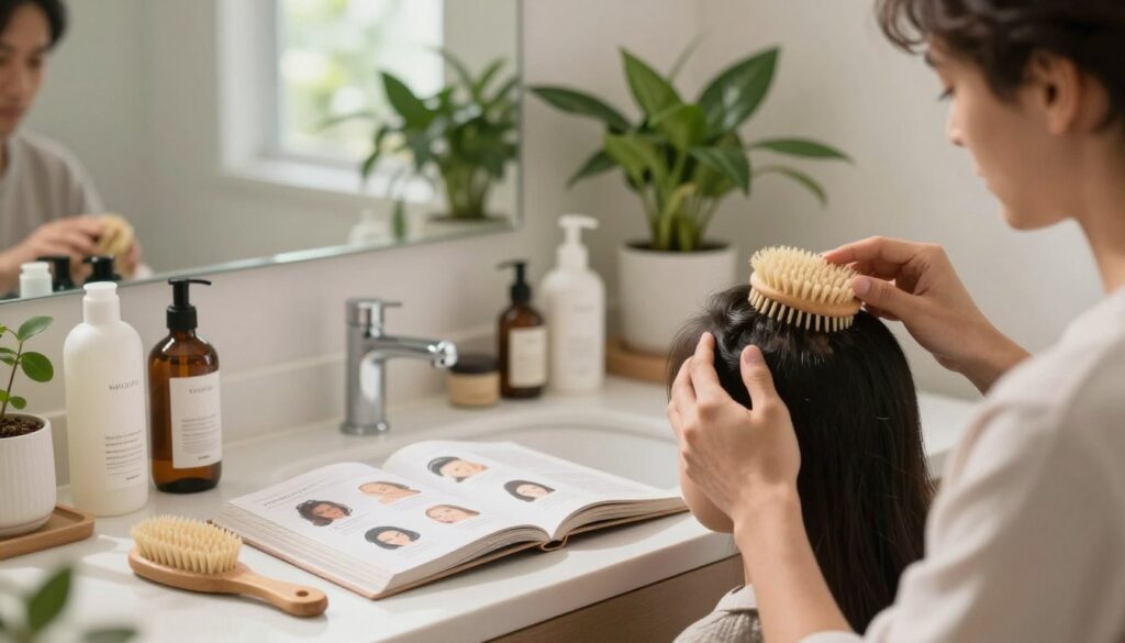 A serene bathroom setting featuring a well-organized vanity with various hair care products specifically designed for scalp health. In the foreground, a close-up of a man and a woman, both in modest casual clothing, gently massaging their scalps with a natural bristle brush to illustrate frequency and technique. The middle ground includes an open book or chart displaying different hair and scalp types, symbolizing the balance of washing frequency with type. Soft, natural light filters through a window, creating a calm and inviting atmosphere, with reflections and subtle shadows enhancing depth. The background showcases lush green plants, evoking a sense of natural wellness and care for one's scalp.