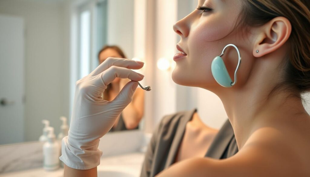 A serene bathroom setting featuring a woman in professional casual attire, gently using a facial roller on her cheek. In the foreground, a close-up of her gloved hand skillfully maneuvering the roller along her jawline, highlighting proper technique. The middle ground shows her reflection in a well-lit mirror, with soft, diffused lighting creating a calming atmosphere. The background includes neatly arranged skincare products on a marble countertop, enhancing the overall aesthetic. The composition emphasizes the soothing, health-conscious nature of the facial rolling process, inviting viewers to engage with the method. Soft pastels in the color palette evoke a tranquil mood, encouraging self-care and relaxation. A serene bathroom setting featuring a woman in professional casual attire, gently using a facial roller on her cheek. In the foreground, a close-up of her gloved hand skillfully maneuvering the roller along her jawline, highlighting proper technique. The middle ground shows her reflection in a well-lit mirror, with soft, diffused lighting creating a calming atmosphere. The background includes neatly arranged skincare products on a marble countertop, enhancing the overall aesthetic. The composition emphasizes the soothing, health-conscious nature of the facial rolling process, inviting viewers to engage with the method. Soft pastels in the color palette evoke a tranquil mood, encouraging self-care and relaxation.