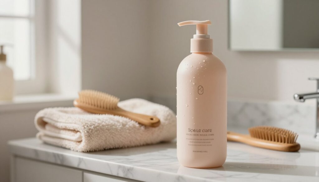 A serene bathroom setting focused on haircare, featuring a sleek bottle of shampoo specifically designed for scalp care. In the foreground, the shampoo bottle stands elegantly on a marble countertop with water droplets glistening on its surface. In the middle ground, a soft, fluffy towel and a wooden comb are present, hinting at an organized grooming routine. The background displays a subtle mirror reflecting soft ambient light, creating a soothing atmosphere. Light from a nearby window casts gentle shadows, enhancing the tranquility of the scene. The color palette consists of soft pastels and earthy tones, conveying a sense of calm and reassurance related to hair loss and scalp health. The image should evoke a feeling of nurturing self-care without any text or distractions.
