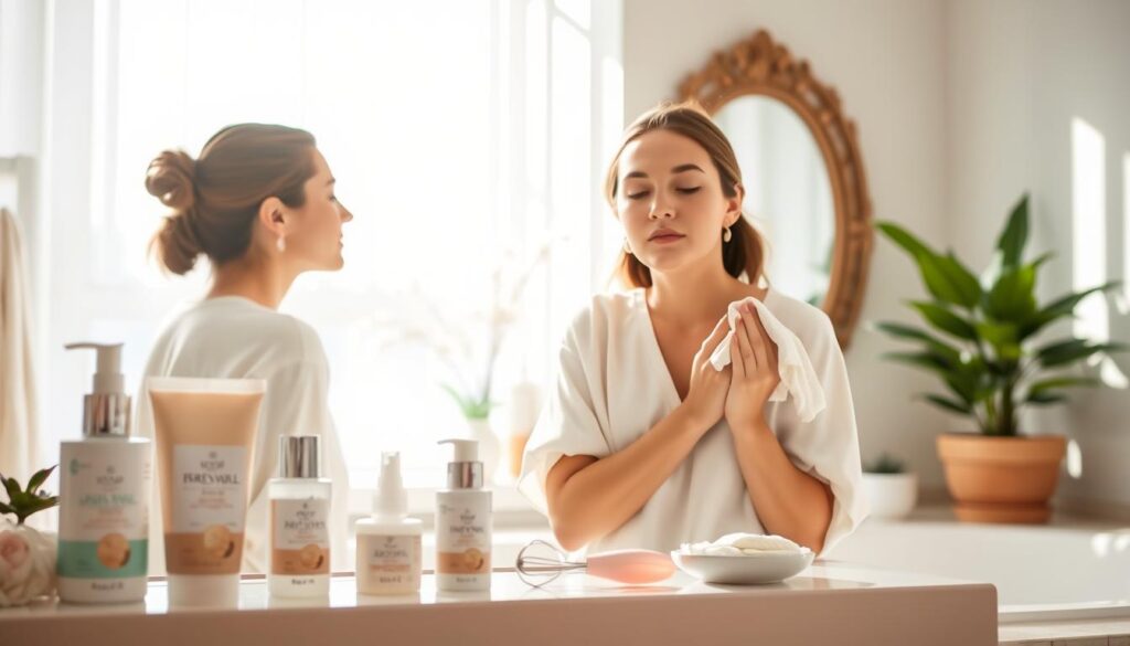 A serene bathroom setting with soft, diffused natural light streaming through a window, creating a warm and welcoming atmosphere. In the foreground, a neatly arranged skincare station featuring gentle exfoliating products and tools for safely removing blackheads. A person in modest casual clothing is shown attentively preparing their skin, gently cleansing it with a soft cloth. The middle ground displays an elegant mirror reflecting the person's focused expression as they emphasize relaxation and care in their process. In the background, there are potted plants and calming decor, enhancing the peaceful mood of the setting. The overall color palette is soft, with pastel tones that evoke a sense of cleanliness and tranquility.
