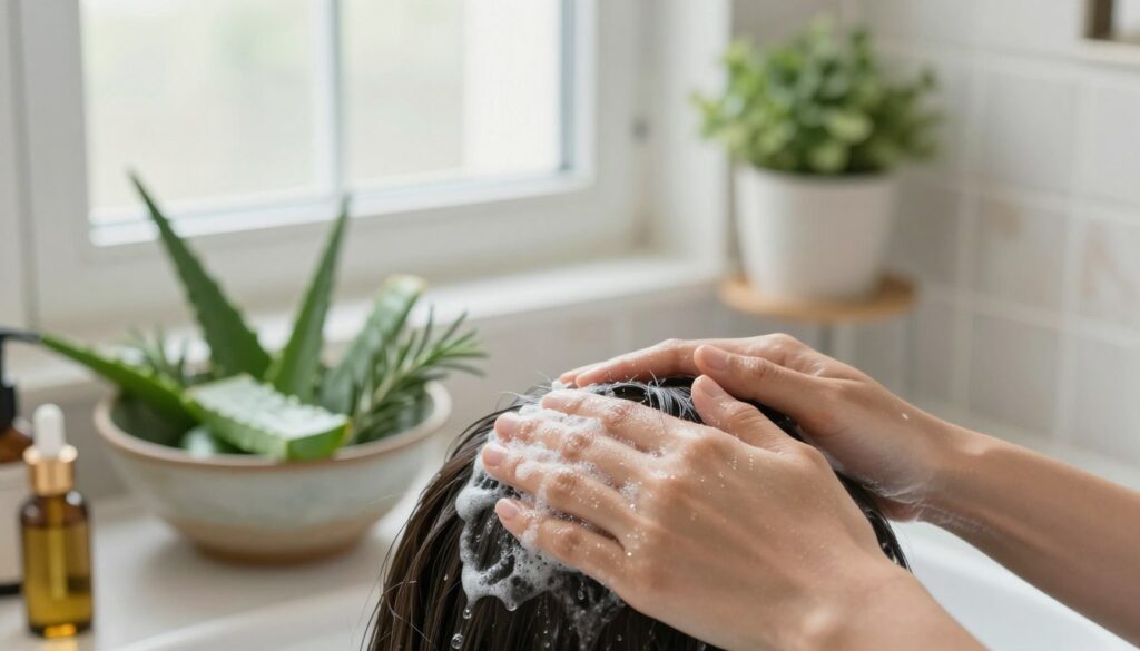 A serene bathroom setting with soft, natural lighting filtering through a frosted window. In the foreground, a close-up of a pair of hands gently massaging a light, creamy emulsion into the scalp, with droplets of oil glistening in the light. The middle ground features a decorative bowl filled with natural oils and essential ingredients, showcasing lush greenery like aloe vera and rosemary. In the background, a tiled wall with subtle textures adds depth, while a calming potted plant sits on a shelf. The atmosphere is tranquil and nurturing, evoking a sense of care and mindfulness in the hair care routine. The overall composition should be clear, detailed, and inviting, emphasizing the practice of emulsifying oil for healthy hair growth and scalp care. A serene bathroom setting with soft, natural lighting filtering through a frosted window. In the foreground, a close-up of a pair of hands gently massaging a light, creamy emulsion into the scalp, with droplets of oil glistening in the light. The middle ground features a decorative bowl filled with natural oils and essential ingredients, showcasing lush greenery like aloe vera and rosemary. In the background, a tiled wall with subtle textures adds depth, while a calming potted plant sits on a shelf. The atmosphere is tranquil and nurturing, evoking a sense of care and mindfulness in the hair care routine. The overall composition should be clear, detailed, and inviting, emphasizing the practice of emulsifying oil for healthy hair growth and scalp care.