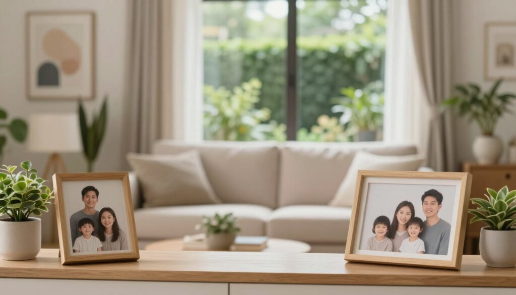 A serene, contemplative scene capturing the essence of privacy and family protection. In the foreground, a cozy, well-furnished living room with subtle, warm lighting, showcasing a family portrait on an elegant shelf, symbolizing personal life and safety. The middle ground features a soft, inviting sofa, surrounded by potted plants and gentle, abstract art that adds warmth and solitude. In the background, a softly blurred window reveals a peaceful garden with lush greenery, suggesting a secluded refuge from the outside world. The overall mood conveys tranquility and security, emphasizing the importance of personal space. The image should have a soft focus, evoking a sense of safety and comfort without any people, allowing the viewer to feel the essence of privacy and protection in a tranquil domestic setting.