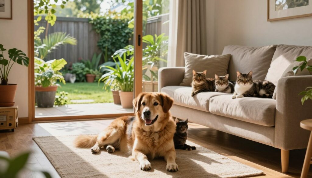 A serene home interior featuring Marcin Różalski surrounded by his beloved animals, emphasizing the bond between them. In the foreground, a large, friendly dog rests at his feet, while a few cats lounge on a cozy couch nearby. The middle ground showcases a well-maintained indoor garden, with vibrant plants creating a calming atmosphere. Warm, natural light streams in through a window, casting soft shadows and highlighting the textures of the space. The background reveals a glimpse of a peaceful backyard, hinting at an outdoor sanctuary for the animals. This scene reflects a life of responsibility and companionship, capturing the essence of a fighter’s home as a sanctuary filled with love and care for his animal companions. A serene home interior featuring Marcin Różalski surrounded by his beloved animals, emphasizing the bond between them. In the foreground, a large, friendly dog rests at his feet, while a few cats lounge on a cozy couch nearby. The middle ground showcases a well-maintained indoor garden, with vibrant plants creating a calming atmosphere. Warm, natural light streams in through a window, casting soft shadows and highlighting the textures of the space. The background reveals a glimpse of a peaceful backyard, hinting at an outdoor sanctuary for the animals. This scene reflects a life of responsibility and companionship, capturing the essence of a fighter’s home as a sanctuary filled with love and care for his animal companions.