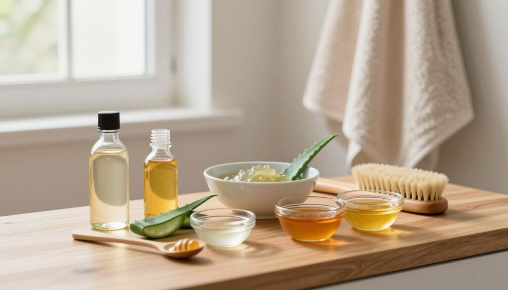 A serene indoor setting depicting a cozy bathroom with natural light filtering through a window. In the foreground, an array of natural ingredients like coconut oil, aloe vera, and honey are artfully displayed on a wooden countertop, surrounded by small glass bowls and spoonfuls, hinting at home remedies for dry scalp. In the middle, there's a simple bowl with a scalp treatment mixture and a rustic brush poised nearby, suggesting a hands-on approach. The background features soft, neutral-colored towels hanging neatly, adding to the calming atmosphere. The overall mood conveys warmth and comfort, inviting viewers to explore natural solutions for scalp hydration without any sense of clutter or distraction, highlighting simplicity and effectiveness.