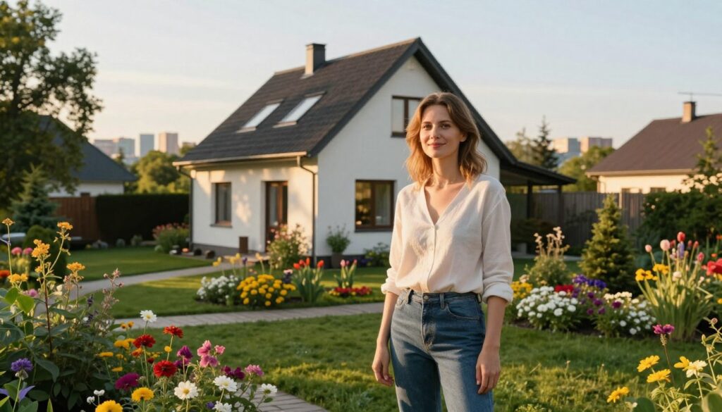 A serene landscape portraying Joanna Liszowska in a picturesque suburban setting just outside Warsaw. In the foreground, she stands confidently, dressed in elegant yet casual attire, reflective of a relaxed lifestyle. The middle ground features a charming, modern home with a spacious garden adorned with vibrant flowers and greenery, symbolizing her connection to nature. In the background, a hint of Warsaw’s skyline is visible, blending urban life with tranquil countryside. The scene is bathed in warm sunlight during golden hour, casting soft shadows and creating a welcoming atmosphere. The composition should capture a sense of balance between city and countryside, reflecting the evolution of her daily life in this region. The image should be vibrant and inviting, showcasing her as an approachable and grounded individual.