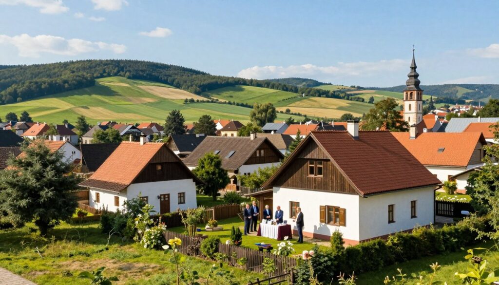 A serene landscape showcasing the hometown of Andrzej Szejna, featuring a picturesque representation of a Polish village or small town. In the foreground, a modest yet elegant house with a well-tended garden, symbolizing his residence. The middle ground displays traditional architecture typical of the region, perhaps with local people dressed in professional business attire engaging in community activities. In the background, rolling green hills and fields stretch under a bright blue sky, evoking a sense of tranquility. The sunlight casts a warm, inviting glow over the scene. The atmosphere conveys a deep connection to regional culture and political life, emphasizing community and locality. The image should blend realism with an artistic touch, suitable for an informative article.
