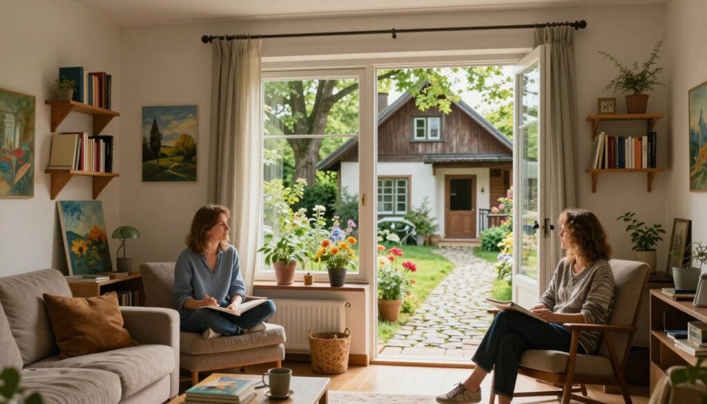 A serene morning scene depicting Edyta Geppert's home environment, reflecting her lifestyle as an artist. In the foreground, a cozy, well-lit living room filled with artistic elements—paintings on the walls, bookshelves lined with literature, and a comfortable armchair by a large window. In the middle ground, a window view showing verdant greenery and colorful flowers outside, symbolizing tranquility. The background features a rustic exterior of a quaint house, surrounded by mature trees and a cobblestone path leading to the entrance. Soft, natural sunlight filters through the window, creating a warm, inviting atmosphere. The overall mood is peaceful and creative, capturing the essence of her daily life.