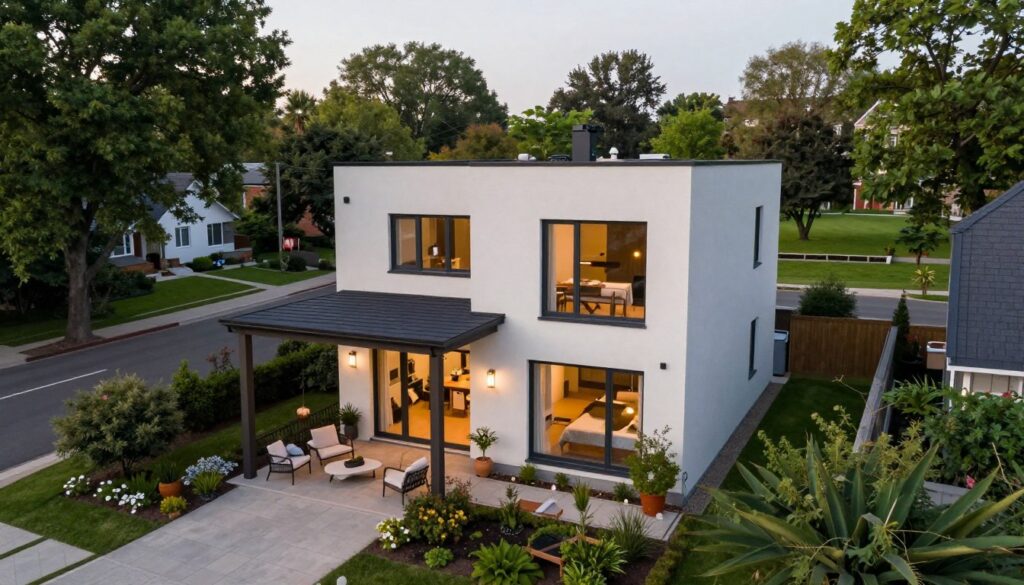 A serene neighborhood scene showcasing a modern home nestled among lush greenery, symbolizing privacy in the digital age. In the foreground, a cozy porch with tasteful outdoor furniture invites viewers to imagine a warm atmosphere. The middle ground reveals the sleek, contemporary home with large windows, allowing glimpses of a well-decorated interior, suggesting the lives of Sara and Wiktor. In the background, tree-lined streets and a distant park evoke a sense of community and tranquility. The lighting is soft and natural, reminiscent of late afternoon, casting gentle shadows that enhance the inviting mood. The image is framed from a slightly elevated angle, giving a comprehensive view of the surroundings while emphasizing the home's connection to its environment. A serene neighborhood scene showcasing a modern home nestled among lush greenery, symbolizing privacy in the digital age. In the foreground, a cozy porch with tasteful outdoor furniture invites viewers to imagine a warm atmosphere. The middle ground reveals the sleek, contemporary home with large windows, allowing glimpses of a well-decorated interior, suggesting the lives of Sara and Wiktor. In the background, tree-lined streets and a distant park evoke a sense of community and tranquility. The lighting is soft and natural, reminiscent of late afternoon, casting gentle shadows that enhance the inviting mood. The image is framed from a slightly elevated angle, giving a comprehensive view of the surroundings while emphasizing the home's connection to its environment.