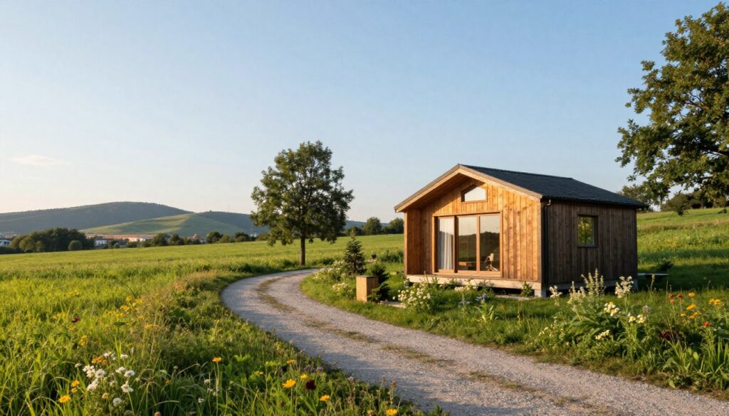 A serene rural landscape illustrating the home of Marcin Różalski, showcasing the simplicity and tranquility of life on the outskirts of a city. In the foreground, a cozy, modern wooden cabin with large windows, surrounded by lush greenery and wildflowers, suggests a peaceful lifestyle. In the middle ground, a gravel path winds through vibrant meadows leading to the cabin, while a few trees add a rustic charm. The background features gentle hills under a clear blue sky, evoking a sense of calm and spaciousness. The soft, golden light of either early morning or late afternoon casts warm shadows, enhancing the inviting atmosphere. The scene should feel tranquil and reflective, symbolizing a fighter's choice for a grounded life away from the hustle and bustle of urban living. A serene rural landscape illustrating the home of Marcin Różalski, showcasing the simplicity and tranquility of life on the outskirts of a city. In the foreground, a cozy, modern wooden cabin with large windows, surrounded by lush greenery and wildflowers, suggests a peaceful lifestyle. In the middle ground, a gravel path winds through vibrant meadows leading to the cabin, while a few trees add a rustic charm. The background features gentle hills under a clear blue sky, evoking a sense of calm and spaciousness. The soft, golden light of either early morning or late afternoon casts warm shadows, enhancing the inviting atmosphere. The scene should feel tranquil and reflective, symbolizing a fighter's choice for a grounded life away from the hustle and bustle of urban living.