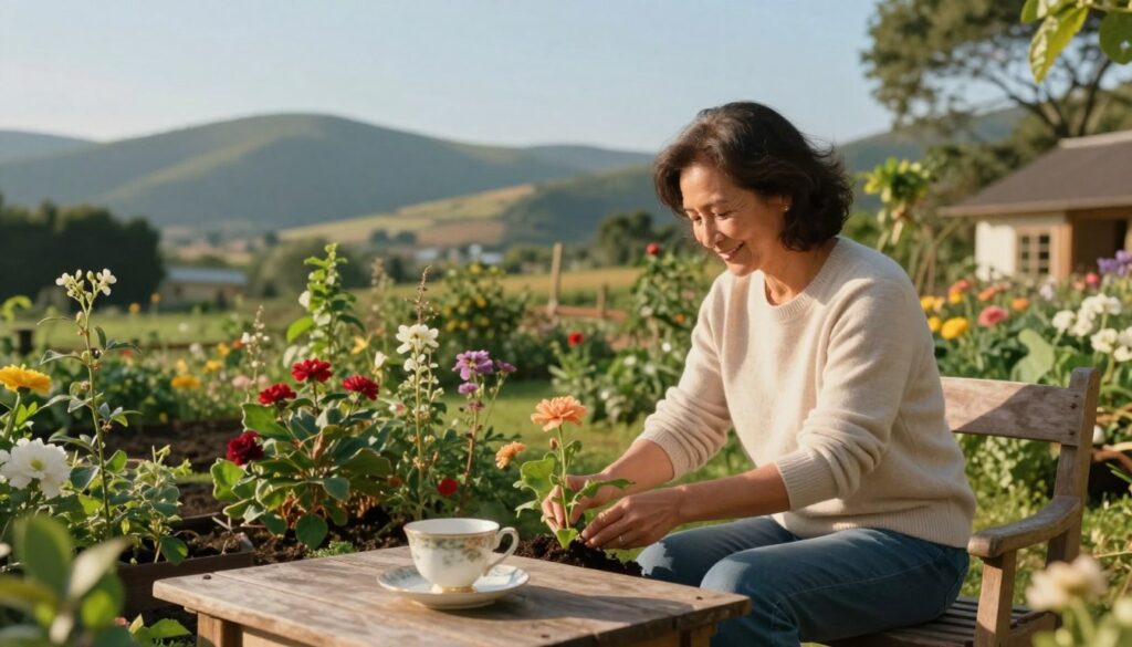 A serene scene depicting Pola Raksa in her peaceful countryside home, surrounded by lush greenery and blooming flowers. In the foreground, a modest wooden bench with a vintage teacup rests on a table, suggesting a quiet moment of reflection. The middle ground features Pola Raksa, depicted as a middle-aged woman with a warm smile, dressed in a simple, elegant light sweater and jeans, as she quietly tends to her garden with care. The background showcases rolling hills under a clear blue sky, bathed in soft, golden sunlight that casts gentle shadows, creating a tranquil, nostalgic atmosphere. The overall mood is calm and content, evoking a sense of serenity and the joys of a life away from the limelight. A serene scene depicting Pola Raksa in her peaceful countryside home, surrounded by lush greenery and blooming flowers. In the foreground, a modest wooden bench with a vintage teacup rests on a table, suggesting a quiet moment of reflection. The middle ground features Pola Raksa, depicted as a middle-aged woman with a warm smile, dressed in a simple, elegant light sweater and jeans, as she quietly tends to her garden with care. The background showcases rolling hills under a clear blue sky, bathed in soft, golden sunlight that casts gentle shadows, creating a tranquil, nostalgic atmosphere. The overall mood is calm and content, evoking a sense of serenity and the joys of a life away from the limelight.