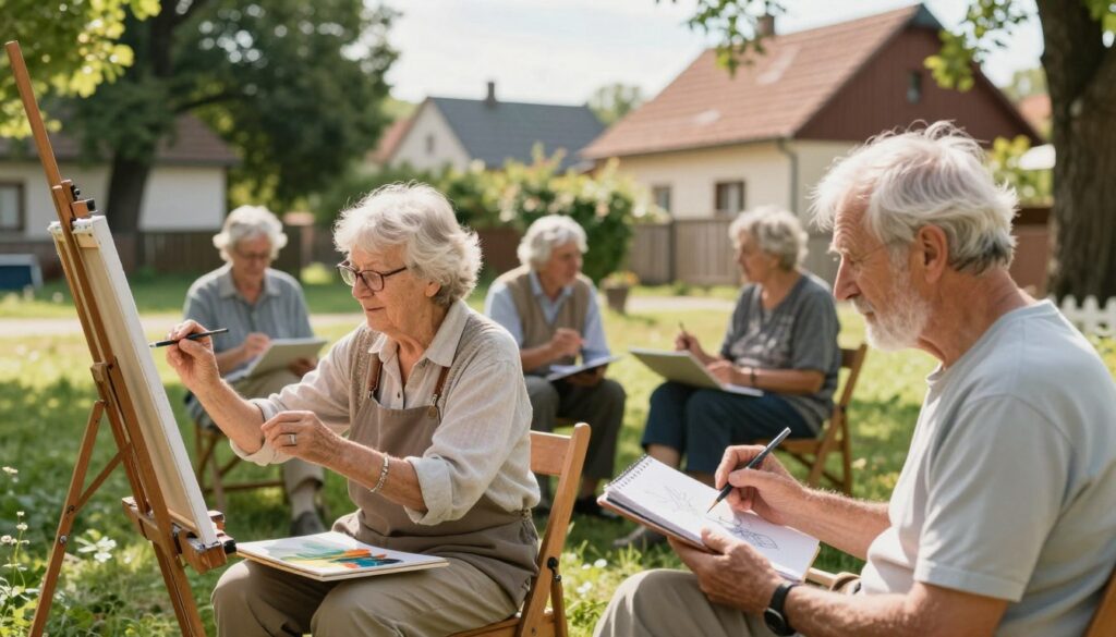 A serene scene depicting a group of senior artists in Skolimów, Poland, engaged in creative activities. In the foreground, two elderly individuals in modest casual clothing, one painting on a canvas while the other sketches in a notebook, showcasing their passion for art. In the middle ground, there are additional artists conversing and sharing ideas, surrounded by lush greenery typical of the village environment, symbolizing health and community. The background features quaint residential buildings characteristic of Skolimów, with gentle sunlight filtering through the trees, creating warm, inviting shadows. The atmosphere is peaceful and inspiring, reflecting a harmonious blend of artistry and companionship in a nurturing setting, captured with a soft-focus lens to enhance the tranquil mood. A serene scene depicting a group of senior artists in Skolimów, Poland, engaged in creative activities. In the foreground, two elderly individuals in modest casual clothing, one painting on a canvas while the other sketches in a notebook, showcasing their passion for art. In the middle ground, there are additional artists conversing and sharing ideas, surrounded by lush greenery typical of the village environment, symbolizing health and community. The background features quaint residential buildings characteristic of Skolimów, with gentle sunlight filtering through the trees, creating warm, inviting shadows. The atmosphere is peaceful and inspiring, reflecting a harmonious blend of artistry and companionship in a nurturing setting, captured with a soft-focus lens to enhance the tranquil mood.