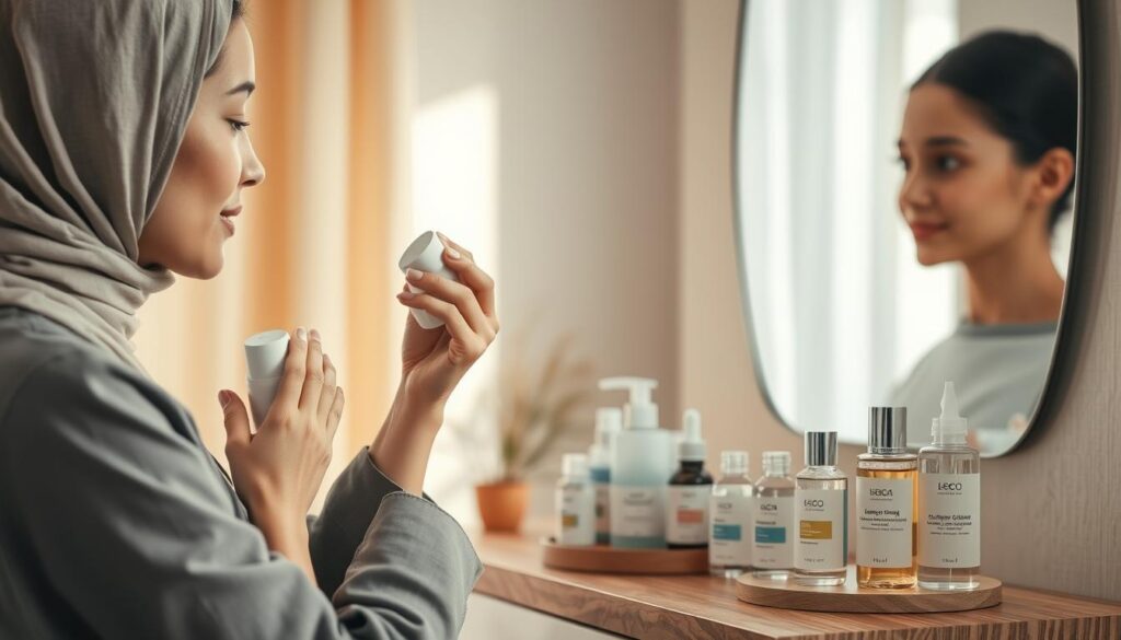 A serene skincare setting focusing on facial cleansing, featuring a diverse range of skin types: oily, sensitive, dry, and couperose. In the foreground, a professional woman in modest attire applies a gentle cleansing product to a model with healthy skin. The middle ground shows various skincare products, such as lightweight cleansers and hydrating serums, artfully arranged on a wooden vanity. The background is softly blurred to create a calming atmosphere, with soft natural light streaming through a window, illuminating the scene. The colors are warm and inviting, evoking a sense of tranquility and care. The overall mood is professional yet comforting, emphasizing the importance of personalized facial cleansing routines for different skin needs.