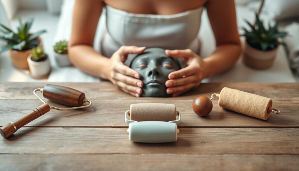 A serene spa setting with a wooden table featuring a beauty roller, a gua sha tool, and a Lyapko roller, arranged neatly. The foreground showcases these facial massage tools, gleaming softly under gentle lighting. In the middle, a top view captures a pair of hands poised gracefully, preparing to use the roller on a clay face mask, evoking relaxation. The background is a calming, blurred image of potted plants and soft textiles, enhancing the soothing atmosphere. The soft, diffused lighting creates a tranquil ambiance, highlighting the tools' textures. The overall mood is peaceful and rejuvenating, perfect for illustrating facial massage techniques. A serene spa setting with a wooden table featuring a beauty roller, a gua sha tool, and a Lyapko roller, arranged neatly. The foreground showcases these facial massage tools, gleaming softly under gentle lighting. In the middle, a top view captures a pair of hands poised gracefully, preparing to use the roller on a clay face mask, evoking relaxation. The background is a calming, blurred image of potted plants and soft textiles, enhancing the soothing atmosphere. The soft, diffused lighting creates a tranquil ambiance, highlighting the tools' textures. The overall mood is peaceful and rejuvenating, perfect for illustrating facial massage techniques.