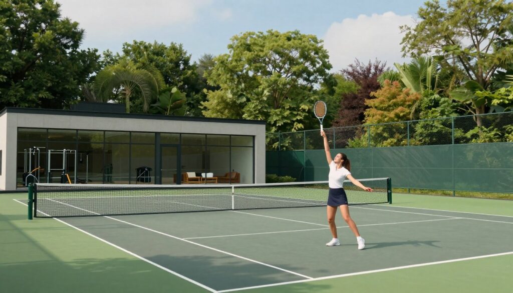 A serene training facility set in a lush green landscape, showcasing a modern tennis court with bright white lines and a net in the center. In the foreground, a well-groomed player in professional sports attire, practicing her serve, with a focused expression. In the middle ground, a contemporary building with large glass windows, revealing glimpses of a fitness area adorned with exercise equipment, and a cozy lounge area. The background features vibrant trees and a clear blue sky, creating a tranquil and inspiring atmosphere. Soft, natural lighting illuminates the scene, casting gentle shadows and enhancing the freshness of the surrounding environment. The image should convey a sense of dedication and professionalism in a picturesque setting.