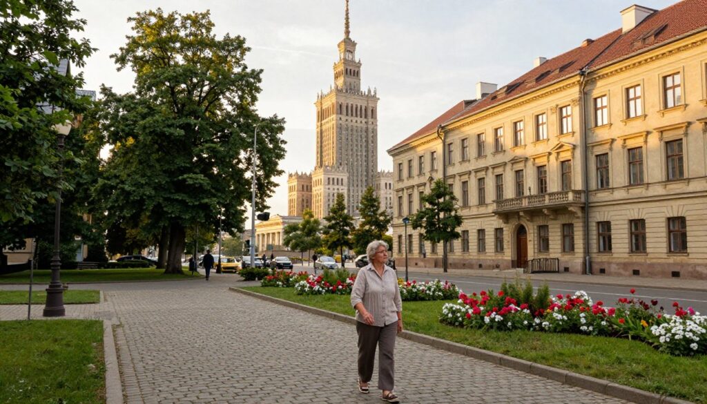 A serene view of Warsaw, Poland, capturing a peaceful street scene featuring charming, historic architecture. In the foreground, a mature woman dressed in modest casual clothing, symbolizing Irena Santor, strolls leisurely along the cobblestone path, admiring her surroundings. In the middle ground, lush green trees line the street, with vibrant flowers blooming in small gardens, enhancing the tranquil atmosphere. In the background, iconic Warsaw landmarks such as the Palace of Culture and Science peek through the skyline, bathed in soft afternoon light. The scene is illuminated with warm golden sunlight, creating a nostalgic and welcoming mood. The angle should be slightly elevated, providing a comprehensive view of the scene while maintaining an intimate feel. A serene view of Warsaw, Poland, capturing a peaceful street scene featuring charming, historic architecture. In the foreground, a mature woman dressed in modest casual clothing, symbolizing Irena Santor, strolls leisurely along the cobblestone path, admiring her surroundings. In the middle ground, lush green trees line the street, with vibrant flowers blooming in small gardens, enhancing the tranquil atmosphere. In the background, iconic Warsaw landmarks such as the Palace of Culture and Science peek through the skyline, bathed in soft afternoon light. The scene is illuminated with warm golden sunlight, creating a nostalgic and welcoming mood. The angle should be slightly elevated, providing a comprehensive view of the scene while maintaining an intimate feel.