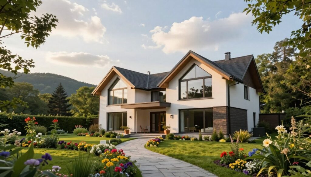 A serene view of a modern home on Kamienna Góra, surrounded by lush greenery and trees, showcasing elegant architecture with large glass windows. In the foreground, a manicured garden filled with colorful flowers and a stone pathway leading up to the entrance. The middle ground features the stylish home, emphasizing its unique roofline and contemporary design, bathed in soft, warm sunlight as it sets against a slightly cloudy sky, enhancing the inviting atmosphere. In the background, the gentle slopes of the hill can be seen, providing a sense of tranquility and a natural backdrop. The image should convey a peaceful, upscale residential vibe, with a focus on the harmony between the home and its surrounding nature.