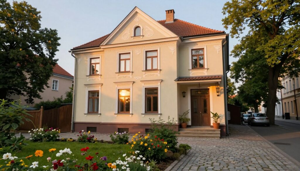 A serene view of a traditional Warsaw home, showcasing elegant architecture with a charming façade featuring intricate details and soft pastel colors. In the foreground, a quaint garden with blooming flowers adds a touch of warmth, while a cobblestone pathway leads to the inviting entrance. The middle section captures the home with large windows that reflect the soft, golden light of a late afternoon sun, creating a warm ambiance. The background features a peaceful street lined with lush trees, hinting at the tranquil neighborhood. The overall mood is calm and inviting, perfect for representing a quiet refuge in the city. The scene should be captured with a slight tilt-angle perspective to enhance depth, emphasizing the atmosphere of peaceful living in Warsaw. A serene view of a traditional Warsaw home, showcasing elegant architecture with a charming façade featuring intricate details and soft pastel colors. In the foreground, a quaint garden with blooming flowers adds a touch of warmth, while a cobblestone pathway leads to the inviting entrance. The middle section captures the home with large windows that reflect the soft, golden light of a late afternoon sun, creating a warm ambiance. The background features a peaceful street lined with lush trees, hinting at the tranquil neighborhood. The overall mood is calm and inviting, perfect for representing a quiet refuge in the city. The scene should be captured with a slight tilt-angle perspective to enhance depth, emphasizing the atmosphere of peaceful living in Warsaw.