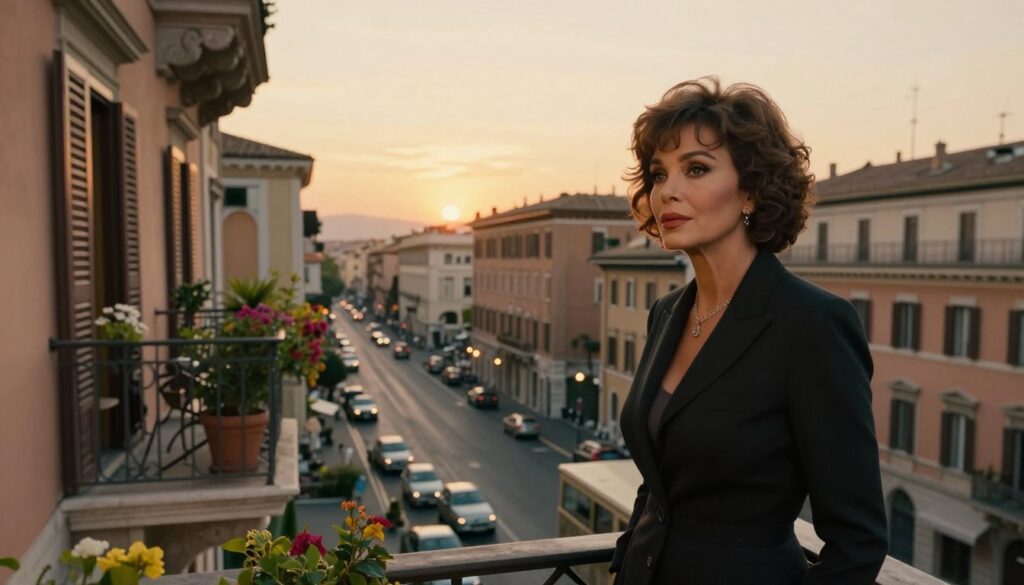 A sophisticated cityscape representing the glamorous lifestyle of Sophia Loren, showcasing a luxurious apartment building in a picturesque neighborhood. In the foreground, a tasteful balcony adorned with potted flowers, hinting at elegance and grace, while a figure resembling an older Sophia Loren in professional business attire gazes thoughtfully from the balcony. The middle ground features a vibrant street scene with Italian architecture and vintage cars, capturing the essence of classic Rome. In the background, a sunset casts a warm glow over the scene, enveloping it in a golden hue, emphasizing nostalgia and charm. The atmosphere is a blend of sophistication and mystery, inviting viewers to explore the fine line between fact and speculation about the iconic actress's residence. Soft lighting enhances the cinematic quality of the image, creating an intimate yet public portrayal of a legend. A sophisticated cityscape representing the glamorous lifestyle of Sophia Loren, showcasing a luxurious apartment building in a picturesque neighborhood. In the foreground, a tasteful balcony adorned with potted flowers, hinting at elegance and grace, while a figure resembling an older Sophia Loren in professional business attire gazes thoughtfully from the balcony. The middle ground features a vibrant street scene with Italian architecture and vintage cars, capturing the essence of classic Rome. In the background, a sunset casts a warm glow over the scene, enveloping it in a golden hue, emphasizing nostalgia and charm. The atmosphere is a blend of sophistication and mystery, inviting viewers to explore the fine line between fact and speculation about the iconic actress's residence. Soft lighting enhances the cinematic quality of the image, creating an intimate yet public portrayal of a legend.