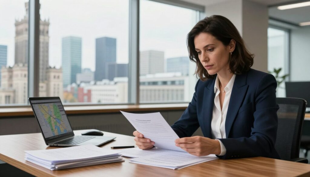 A sophisticated office setting with a polished wooden desk in the foreground, stacked with official looking documents and a laptop displaying a map of Warsaw. In the middle, a professional businesswoman, Julia Przyłębska, dressed in a smart navy suit, is analyzing a document with focused expression. She has shoulder-length dark hair and wears subtle jewelry. In the background, large windows allow natural light to flood the room, revealing a view of the Warsaw skyline, with a blend of modern glass buildings and historic architecture. The atmosphere is serious and contemplative, reflecting a moment of research and insight into her residential ties and influence within the city. The composition should convey professionalism and diligence, with soft lighting that highlights the details of the scene. A sophisticated office setting with a polished wooden desk in the foreground, stacked with official looking documents and a laptop displaying a map of Warsaw. In the middle, a professional businesswoman, Julia Przyłębska, dressed in a smart navy suit, is analyzing a document with focused expression. She has shoulder-length dark hair and wears subtle jewelry. In the background, large windows allow natural light to flood the room, revealing a view of the Warsaw skyline, with a blend of modern glass buildings and historic architecture. The atmosphere is serious and contemplative, reflecting a moment of research and insight into her residential ties and influence within the city. The composition should convey professionalism and diligence, with soft lighting that highlights the details of the scene.