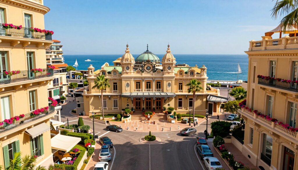 A stunning view of Monte Carlo, Monaco, highlighting its luxurious architecture and vibrant atmosphere. In the foreground, depict elegant Mediterranean-style buildings with colorful balconies adorned with flowers. Include classic cars parked by the curb, adding a touch of sophistication. In the middle ground, showcase the famous Monte Carlo Casino, showcasing its grand entrance and impressive dome, surrounded by lush gardens and palm trees. The background features the azure Mediterranean Sea, with sailboats gliding across the water under a bright blue sky. The scene is bathed in warm, golden sunlight, casting soft shadows and creating a lively, inviting mood, evoking the glamour of this iconic destination. Use a wide-angle lens to capture the sweeping landscape. A stunning view of Monte Carlo, Monaco, highlighting its luxurious architecture and vibrant atmosphere. In the foreground, depict elegant Mediterranean-style buildings with colorful balconies adorned with flowers. Include classic cars parked by the curb, adding a touch of sophistication. In the middle ground, showcase the famous Monte Carlo Casino, showcasing its grand entrance and impressive dome, surrounded by lush gardens and palm trees. The background features the azure Mediterranean Sea, with sailboats gliding across the water under a bright blue sky. The scene is bathed in warm, golden sunlight, casting soft shadows and creating a lively, inviting mood, evoking the glamour of this iconic destination. Use a wide-angle lens to capture the sweeping landscape.